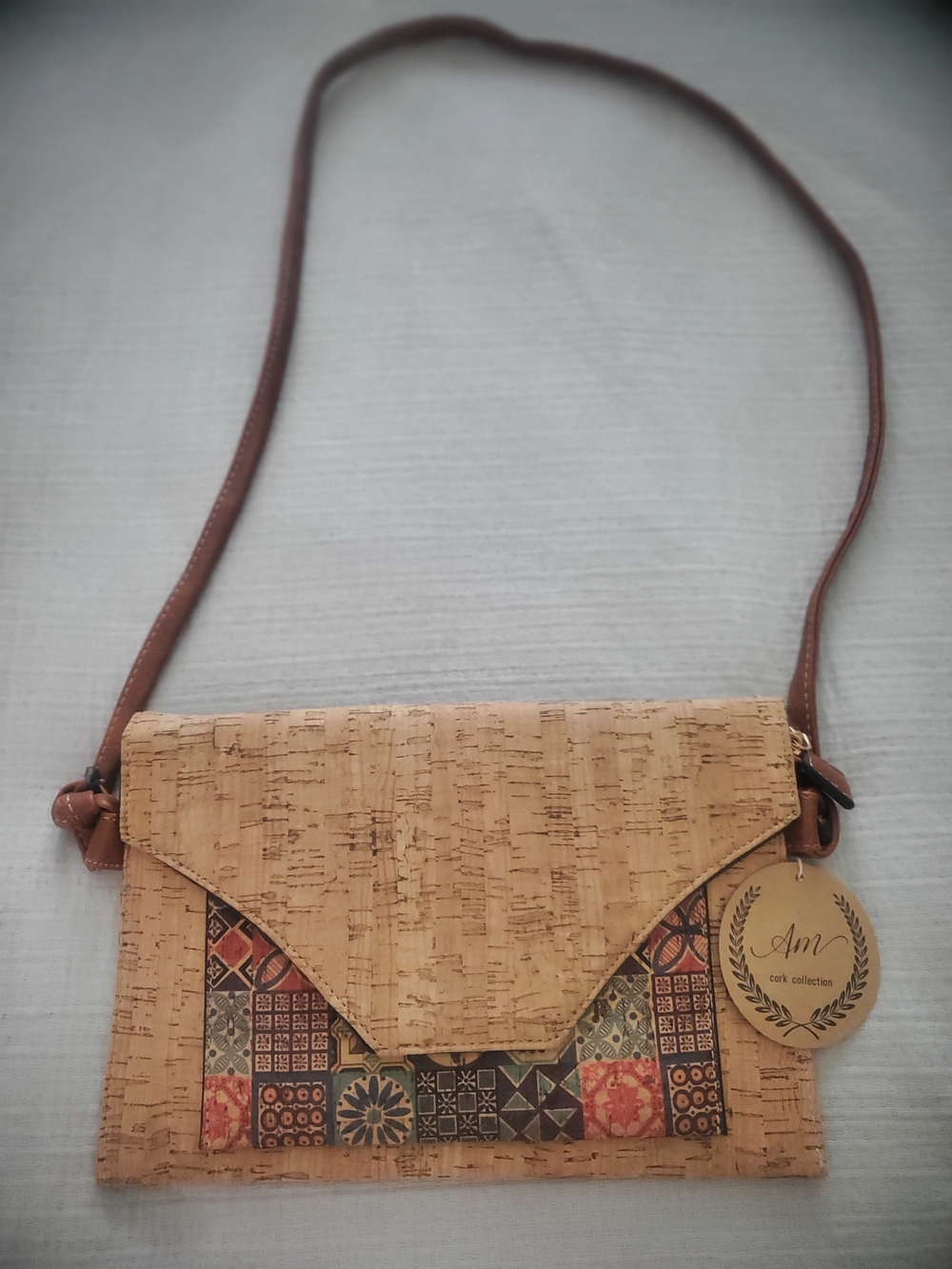 Natural Cork Crossbody Bag with Patterned Accent